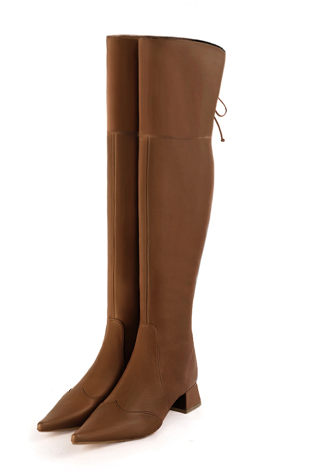 Caramel brown women's leather thigh-high boots. Pointed toe. Low flare heels. Made to measure - Florence KOOIJMAN